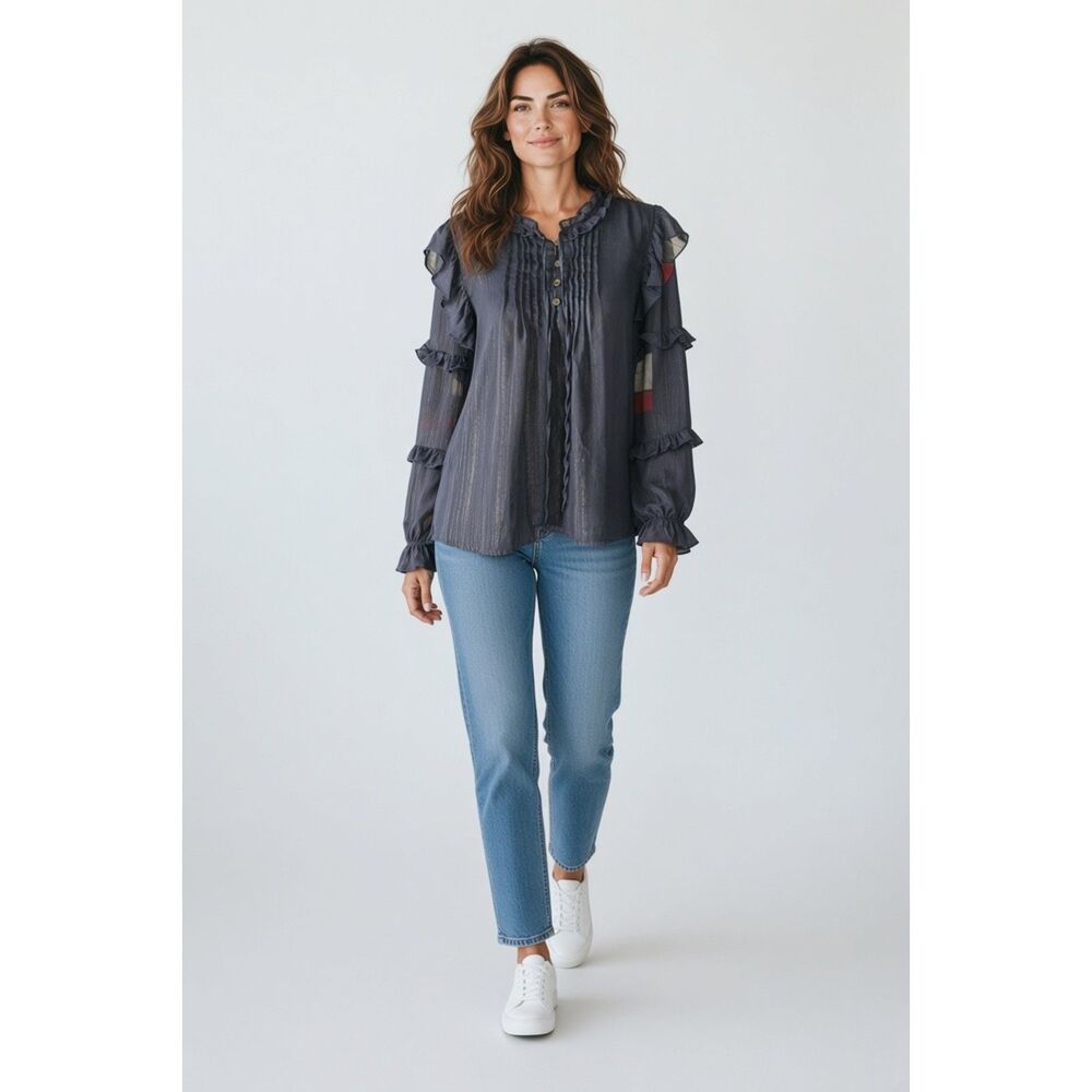 Mystree Navy Blue sheer ruffle blouse - Size Large